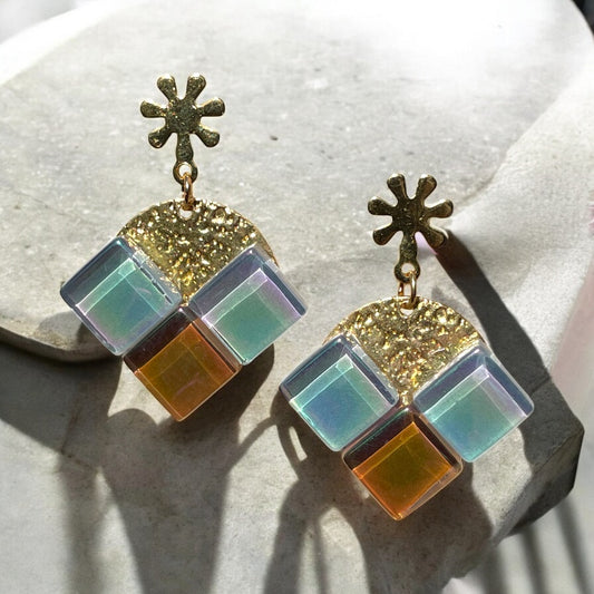 Radiant Flower Arrow Earrings, Pale Blue & Caramel