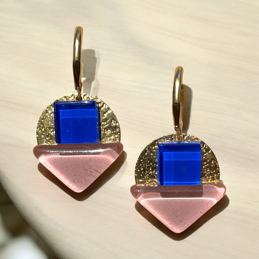 Radiant Dangle Earrings, Royal Blue and light pink