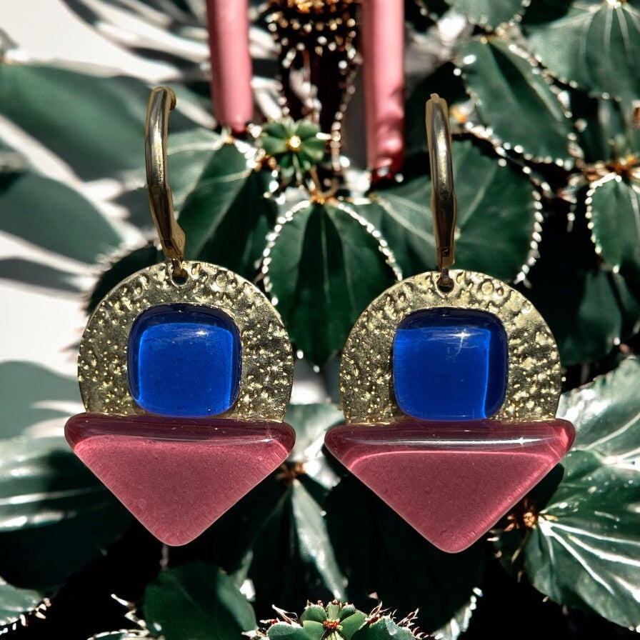 Radiant Dangle Earrings, Blue and dark pink