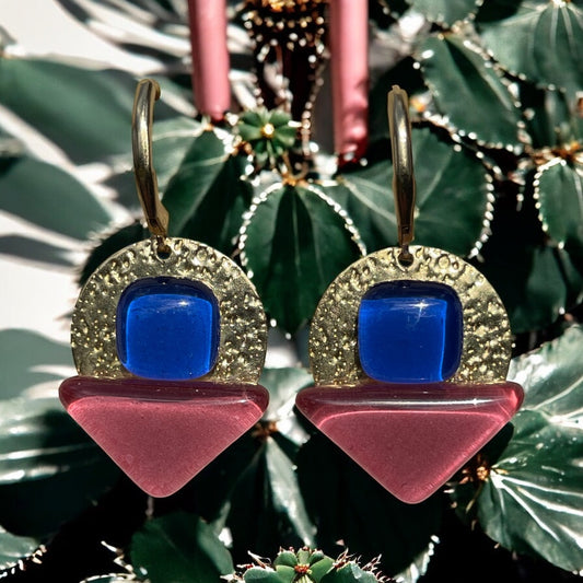 Radiant Dangle Earrings, Blue and dark pink