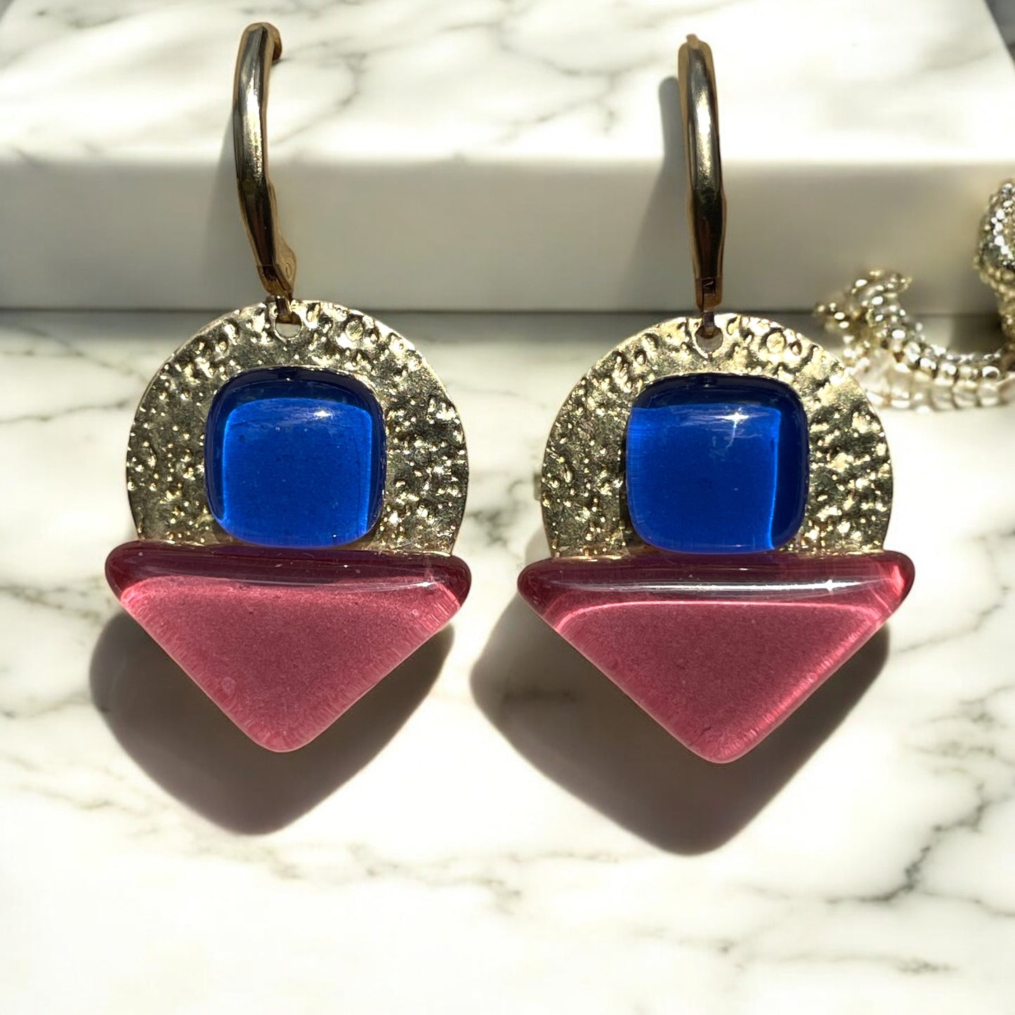 Radiant Dangle Earrings, Blue and dark pink