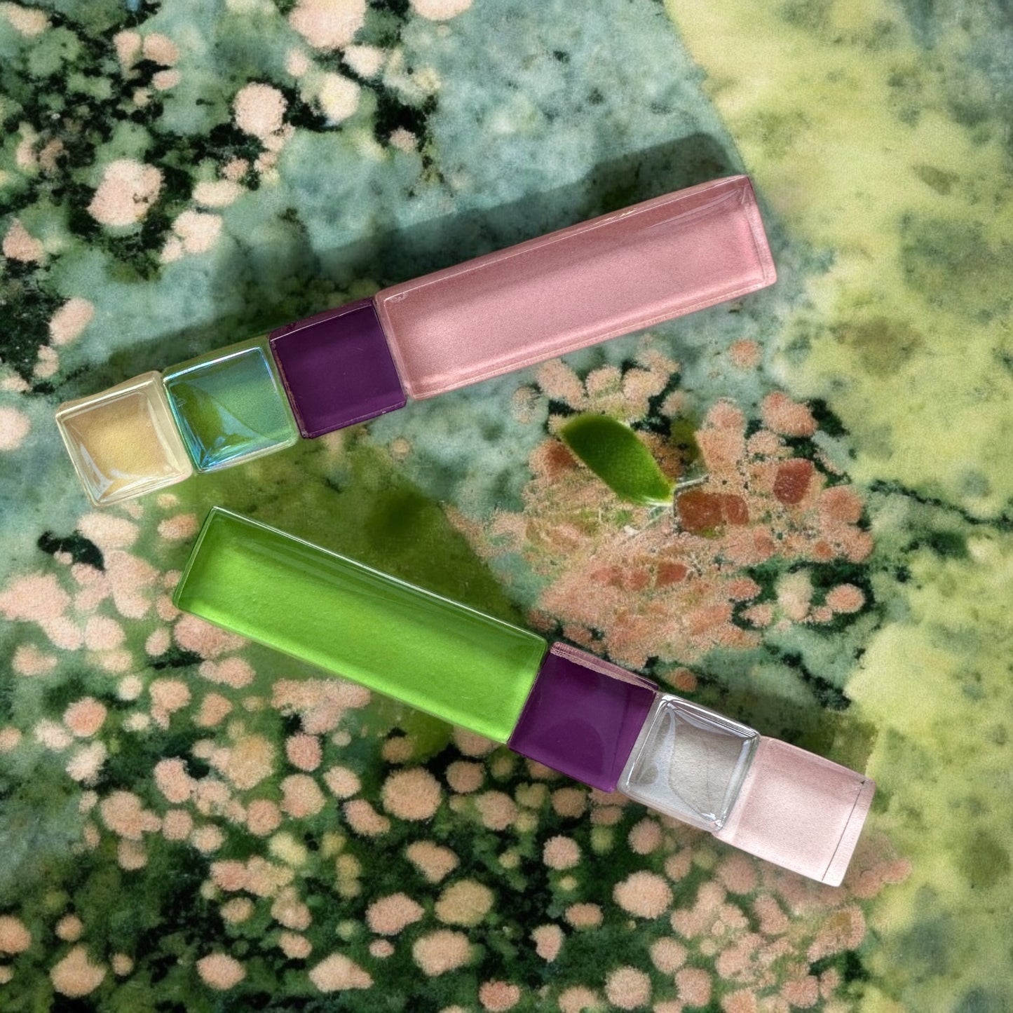 Multicoloured Glass Hair Clips, Medium-long, in Green, Pink and Purple