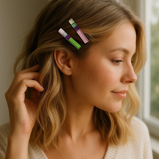 Multicoloured Glass Hair Clips, Medium-long, in Green, Pink and Purple
