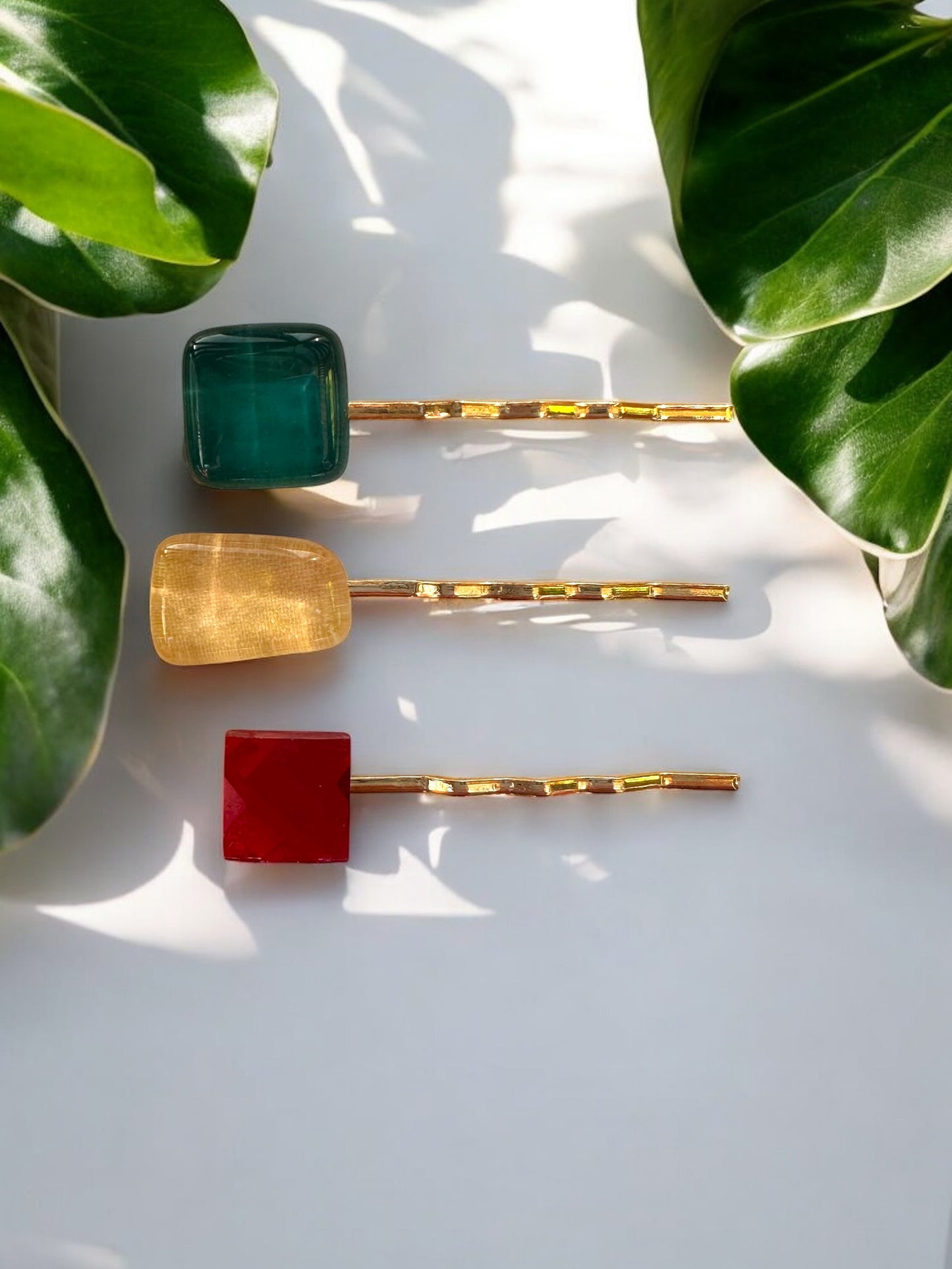 Glass Hair Pin Set, in Dark Green, Soft Yellow & Faceted Red