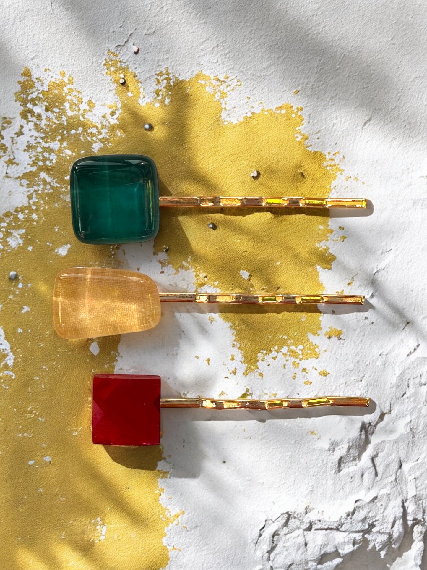 Glass Hair Pin Set, in Dark Green, Soft Yellow & Faceted Red