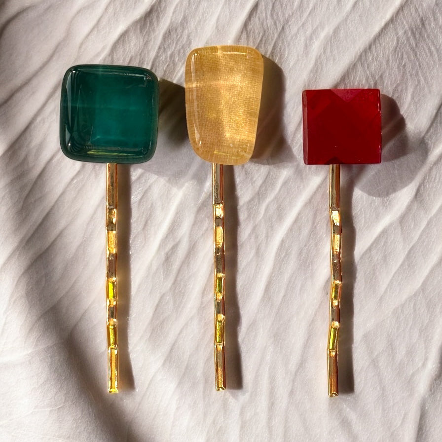 Glass Hair Pin Set, in Dark Green, Soft Yellow & Faceted Red