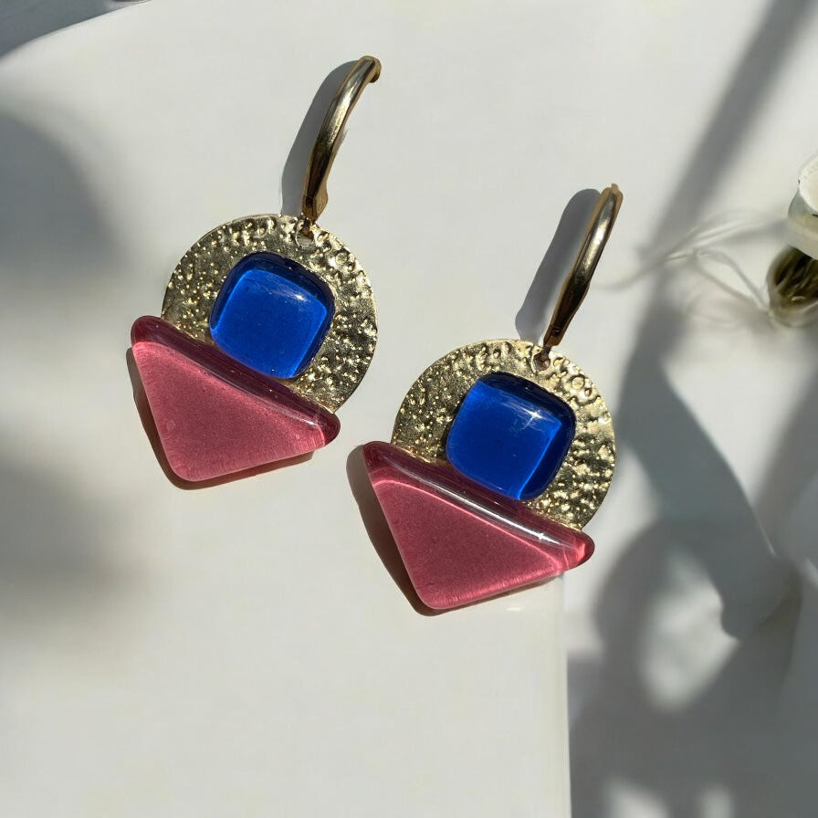 Radiant Dangle Earrings, Blue and dark pink