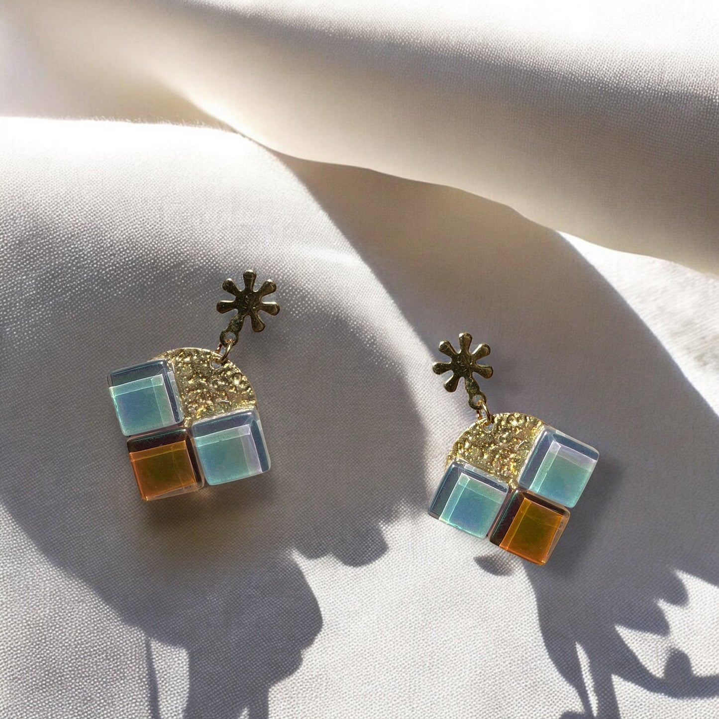 Radiant Flower Arrow Earrings, Pale Blue & Caramel