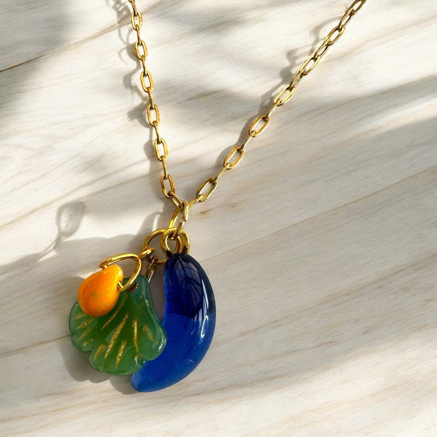 Charms Pendant Necklace, Dark Green, blue and Yellow