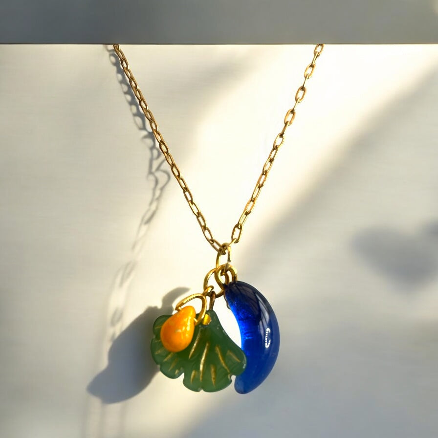 Charms Pendant Necklace, Dark Green, blue and Yellow