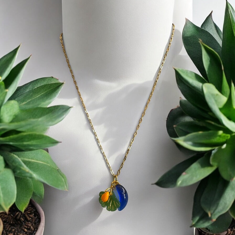 Charms Pendant Necklace, Dark Green, blue and Yellow