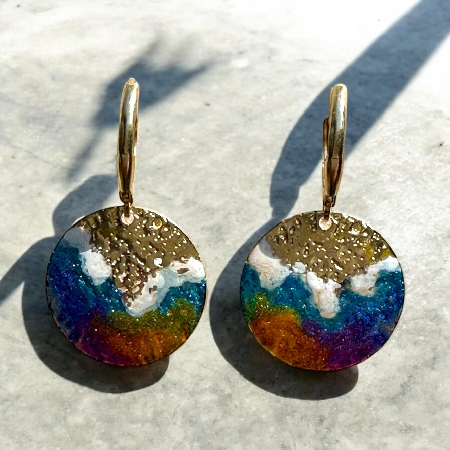 Cold Enamel Coin Earrings, Rust, Blue & White