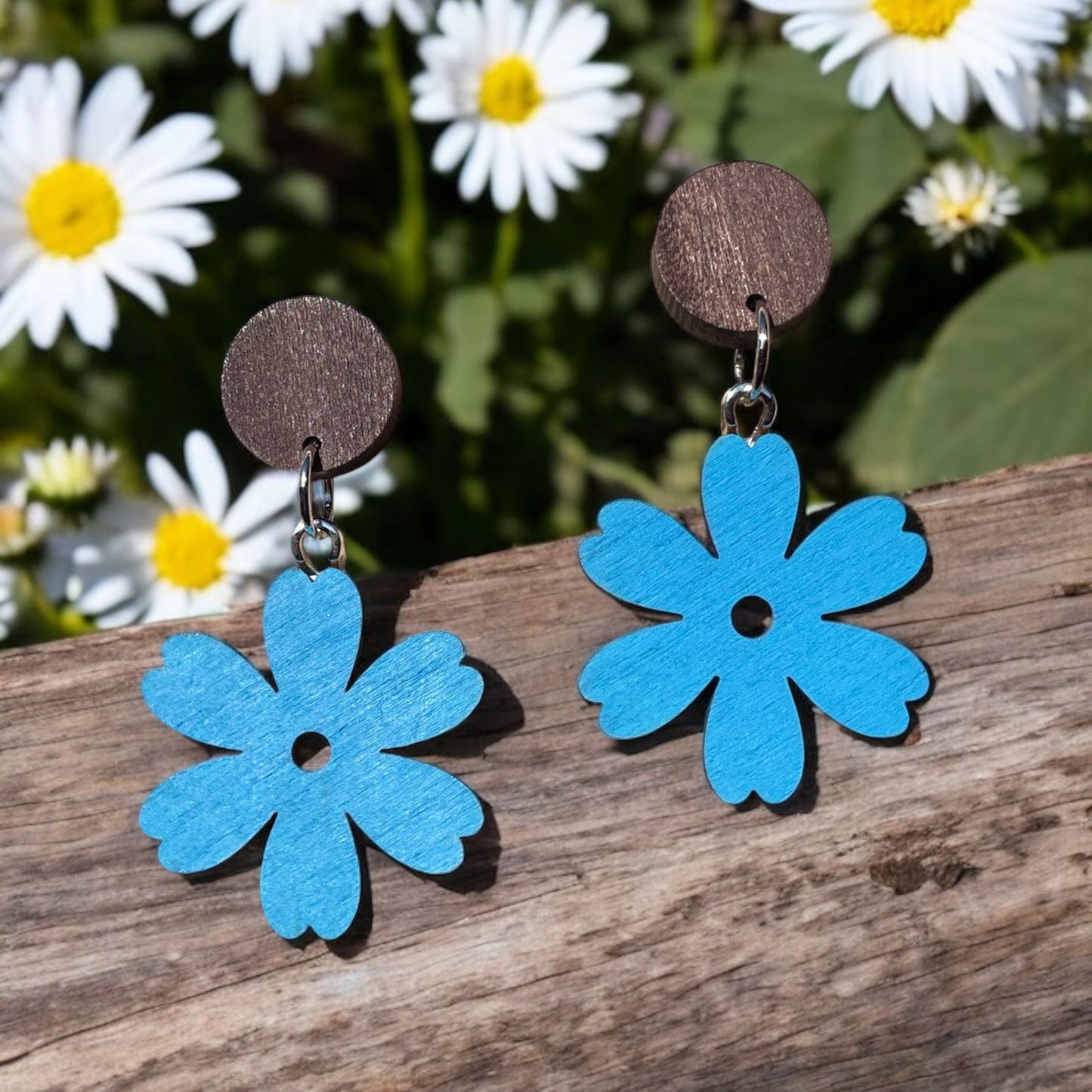 Flower I Wooden Earrings, Block Colour Midtone Blue - Silver Finish