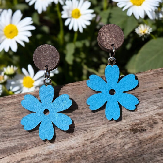 Flower I Wooden Earrings, Block Colour Midtone Blue - Silver Finish