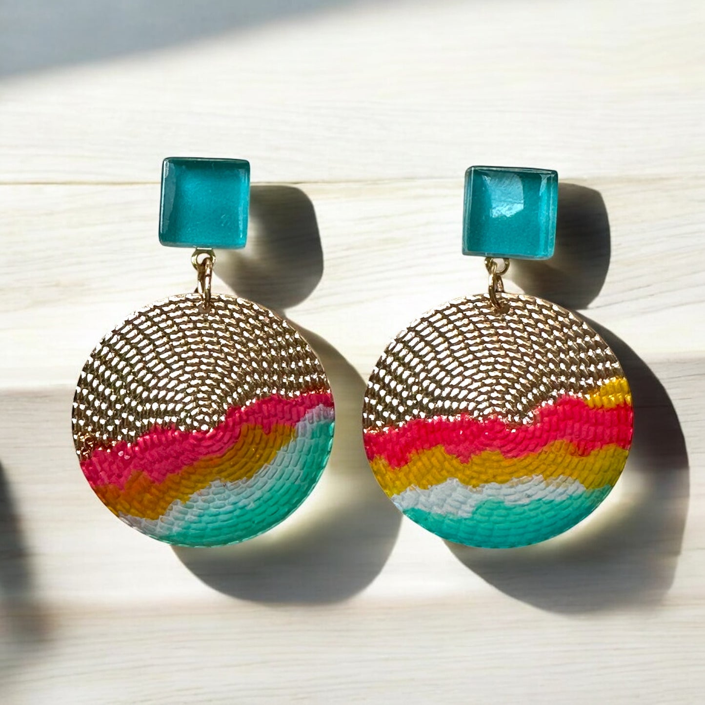 Cold Enamel, Glass & Metal Disc Earrings, Aqua, Ocre & Red