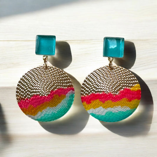 Cold Enamel, Glass & Metal Disc Earrings, Aqua, Ocre & Red