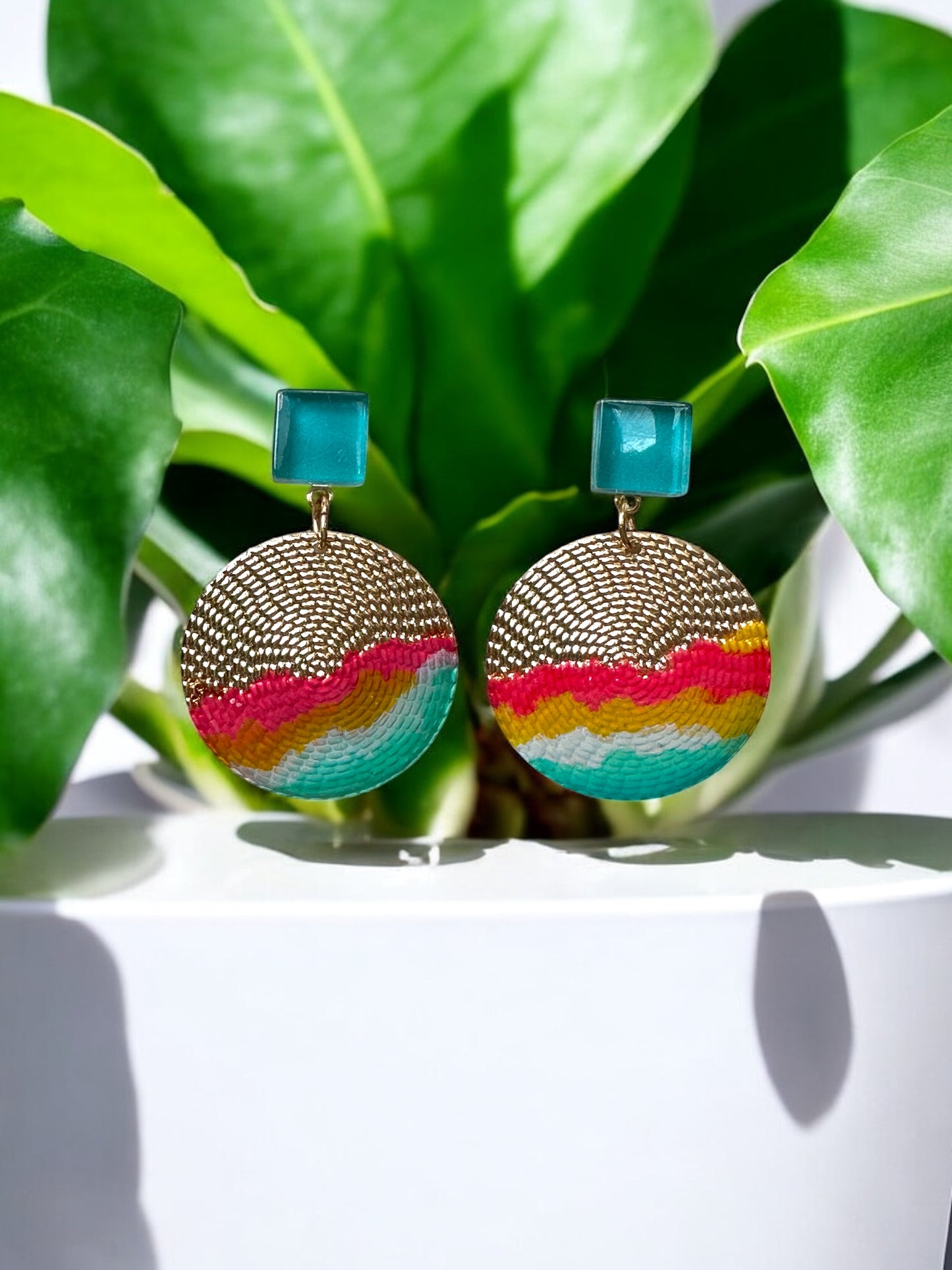 Cold Enamel, Glass & Metal Disc Earrings, Aqua, Ocre & Red