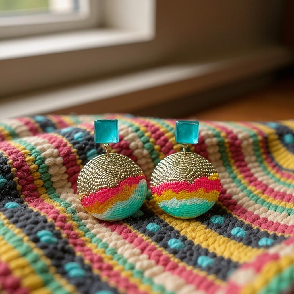 Cold Enamel, Glass & Metal Disc Earrings, Aqua, Ocre & Red
