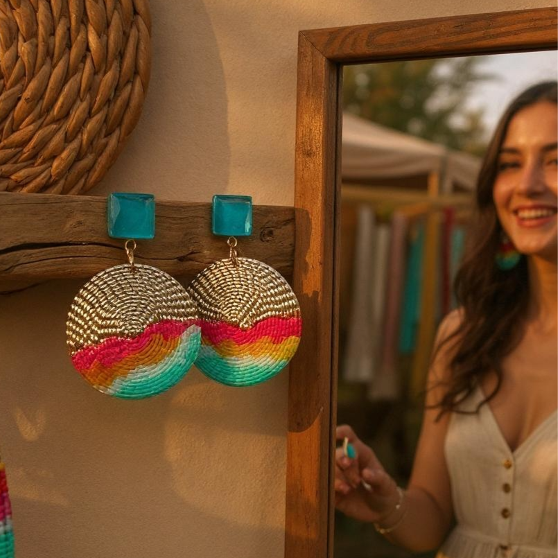 Cold Enamel, Glass & Metal Disc Earrings, Aqua, Ocre & Red