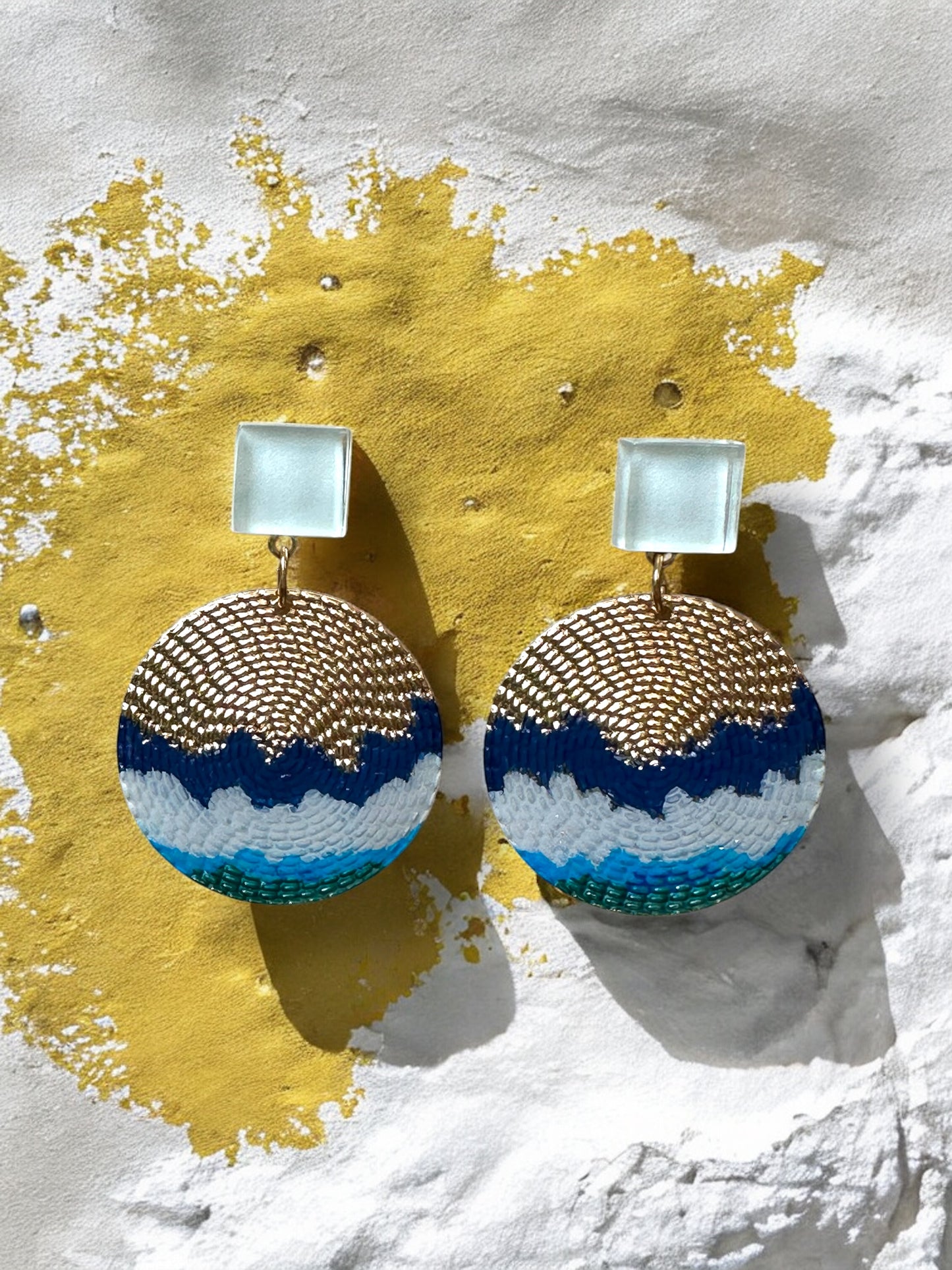 Cold Enamel, Glass & Metal Disc Earrings, Bluegreen, Grey & Navy