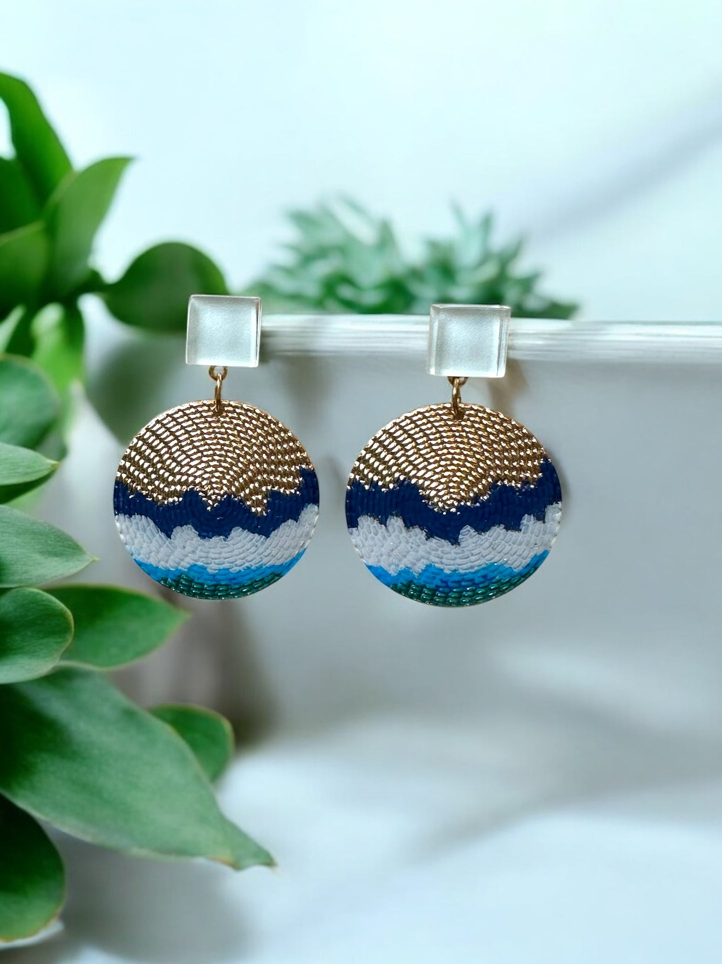 Cold Enamel, Glass & Metal Disc Earrings, Bluegreen, Grey & Navy