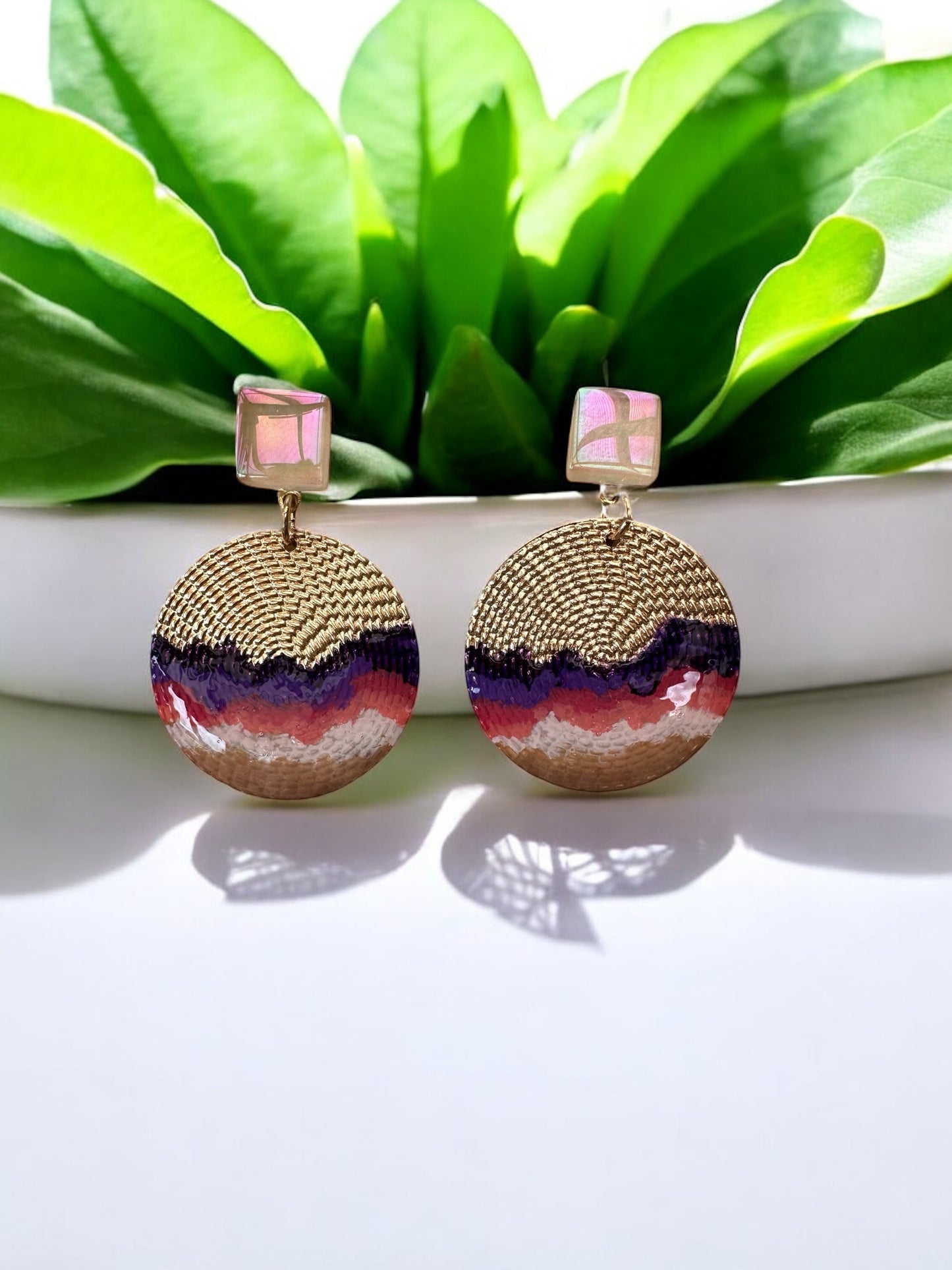 Cold Enamel, Glass & Metal Disc Earrings, Caramel, Cream, Red & Purple