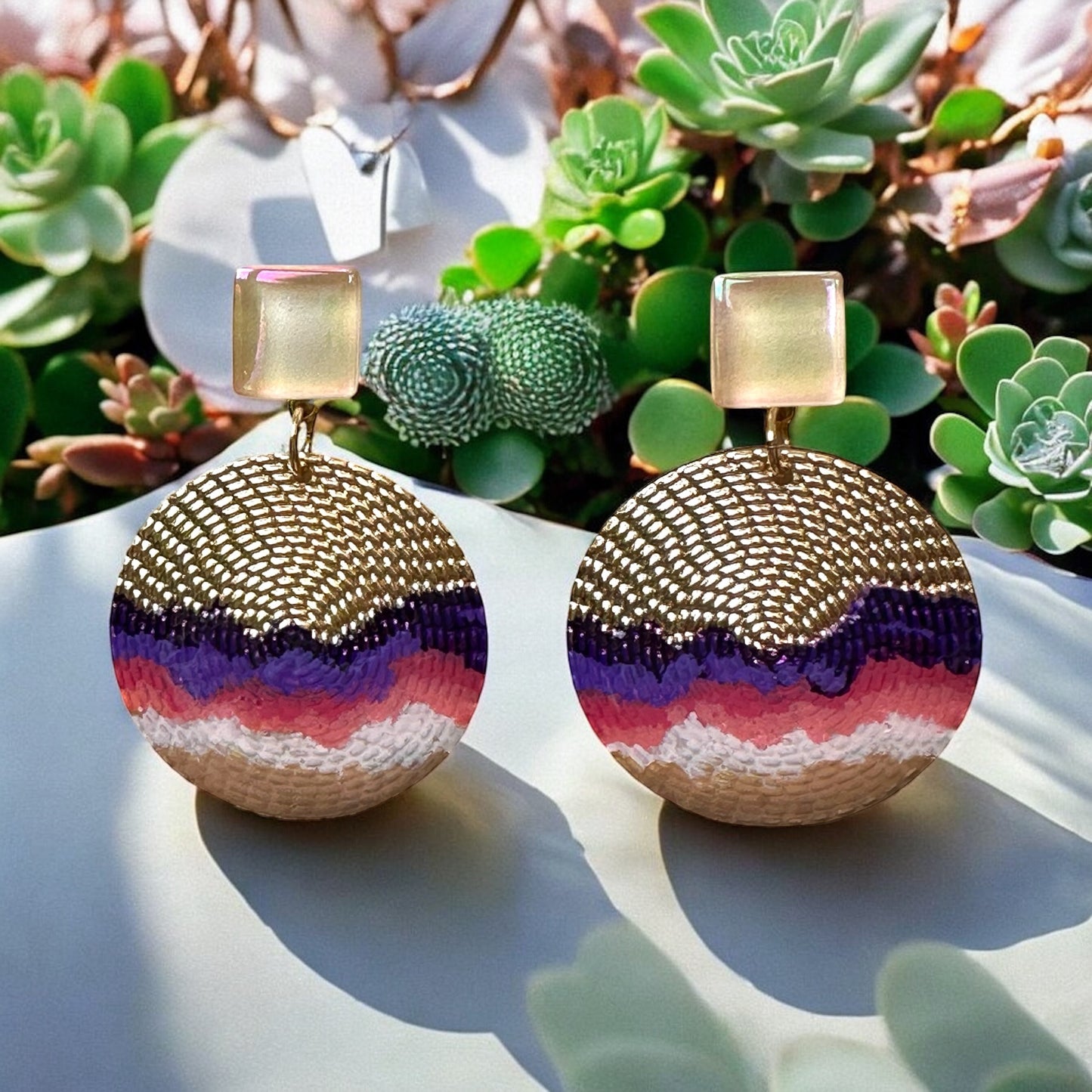 Cold Enamel, Glass & Metal Disc Earrings, Caramel, Cream, Red & Purple