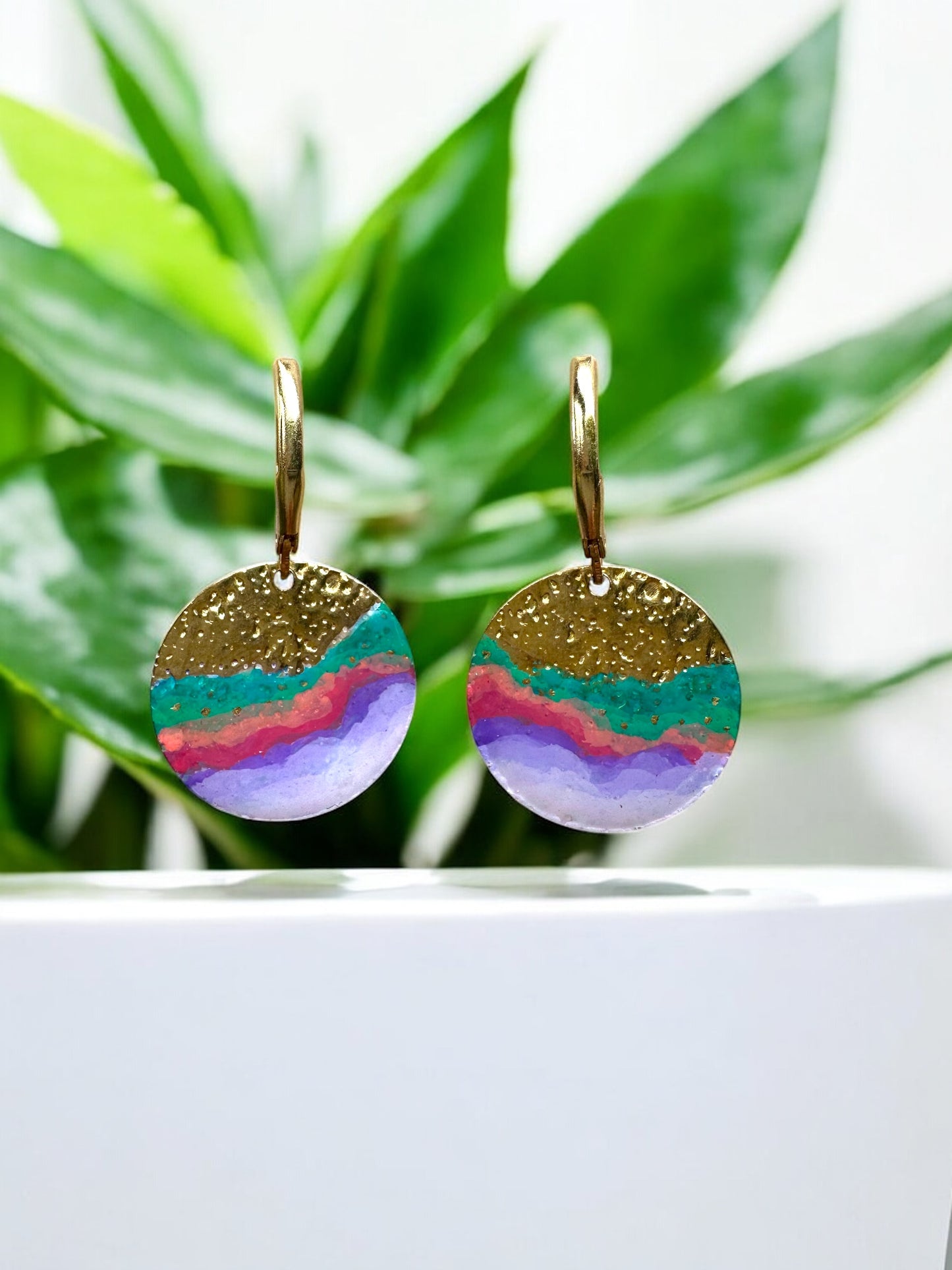 Cold Enamel Coin Earrings, Purples, Red & Green