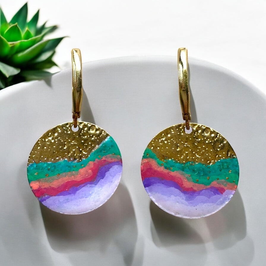 Cold Enamel Coin Earrings, Purples, Red & Green
