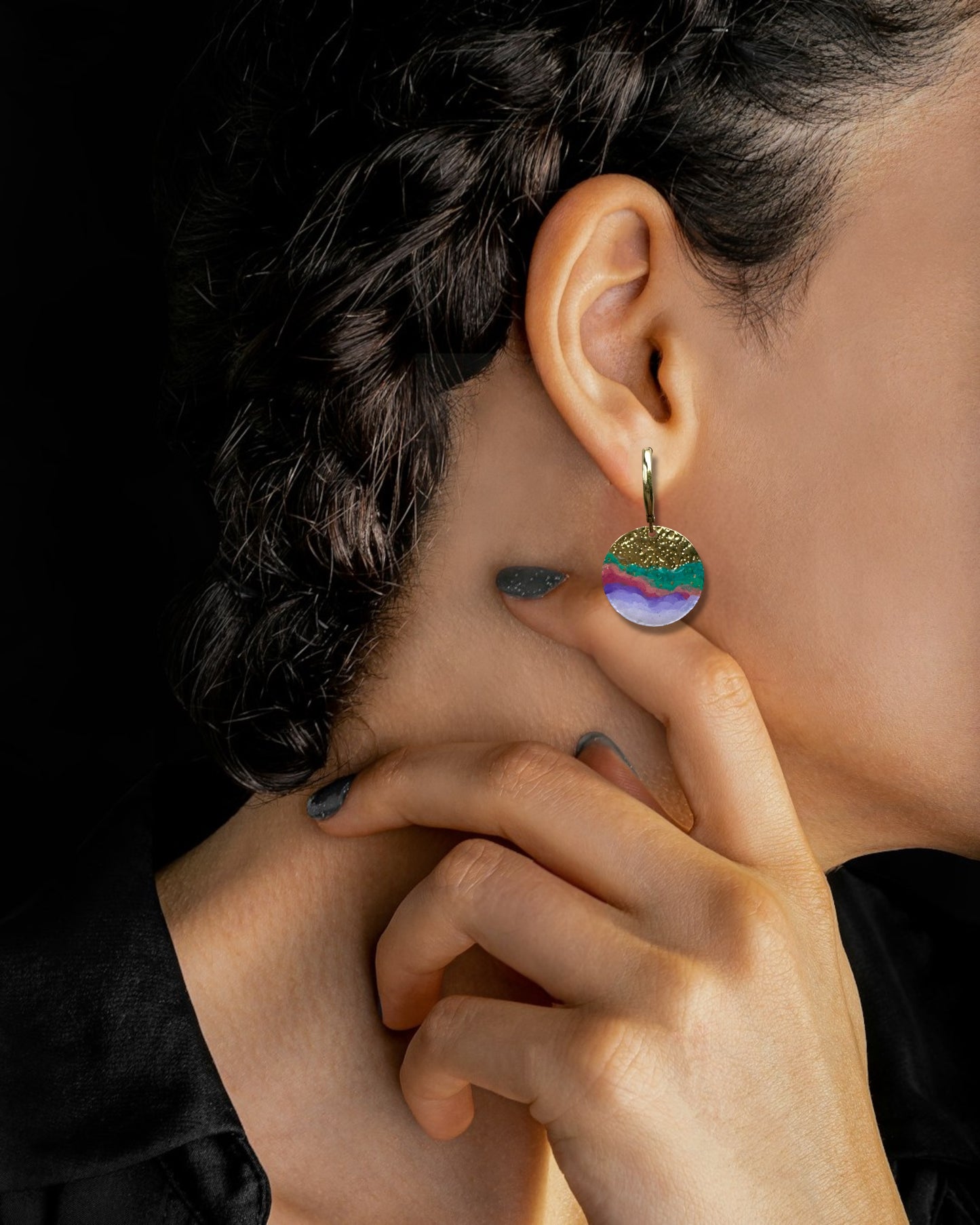 Cold Enamel Coin Earrings, Purples, Red & Green