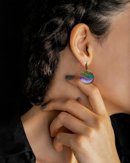 Cold Enamel Coin Earrings, Purples, Red & Green