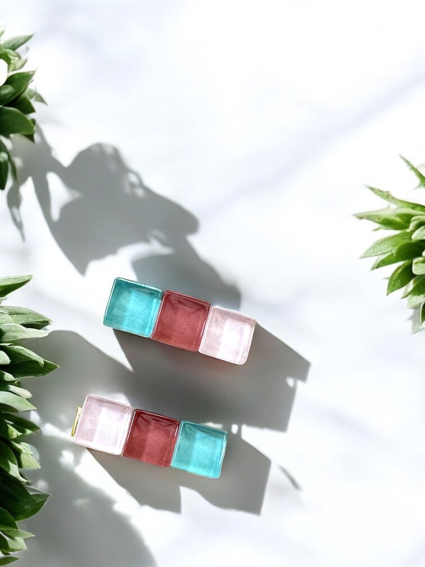 Small Glass Hair Clips Set, in Pinks & Aqua