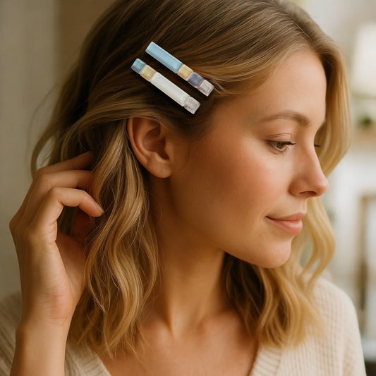 Multicoloured Glass Hair Clips, Medium-long, in Blue, White & Vanilla