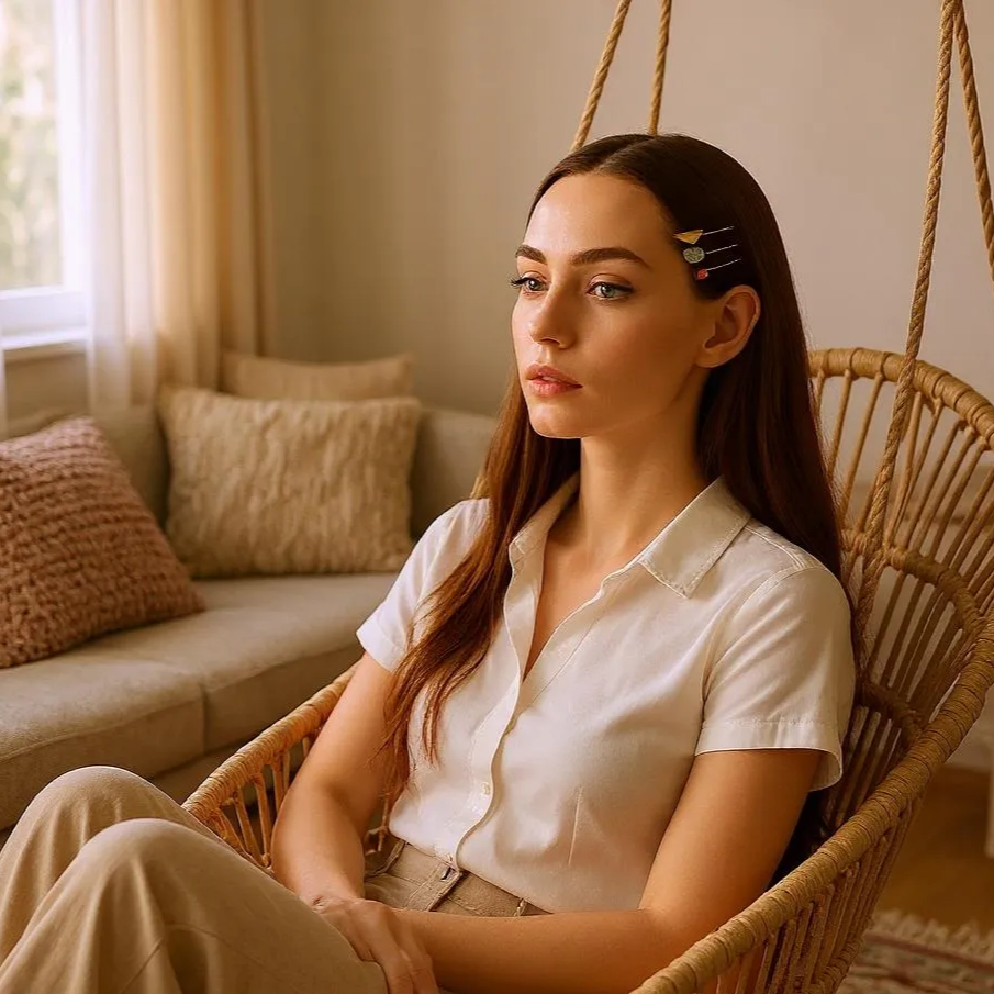 Woman sitting on wicker chair wearing glass hair pins