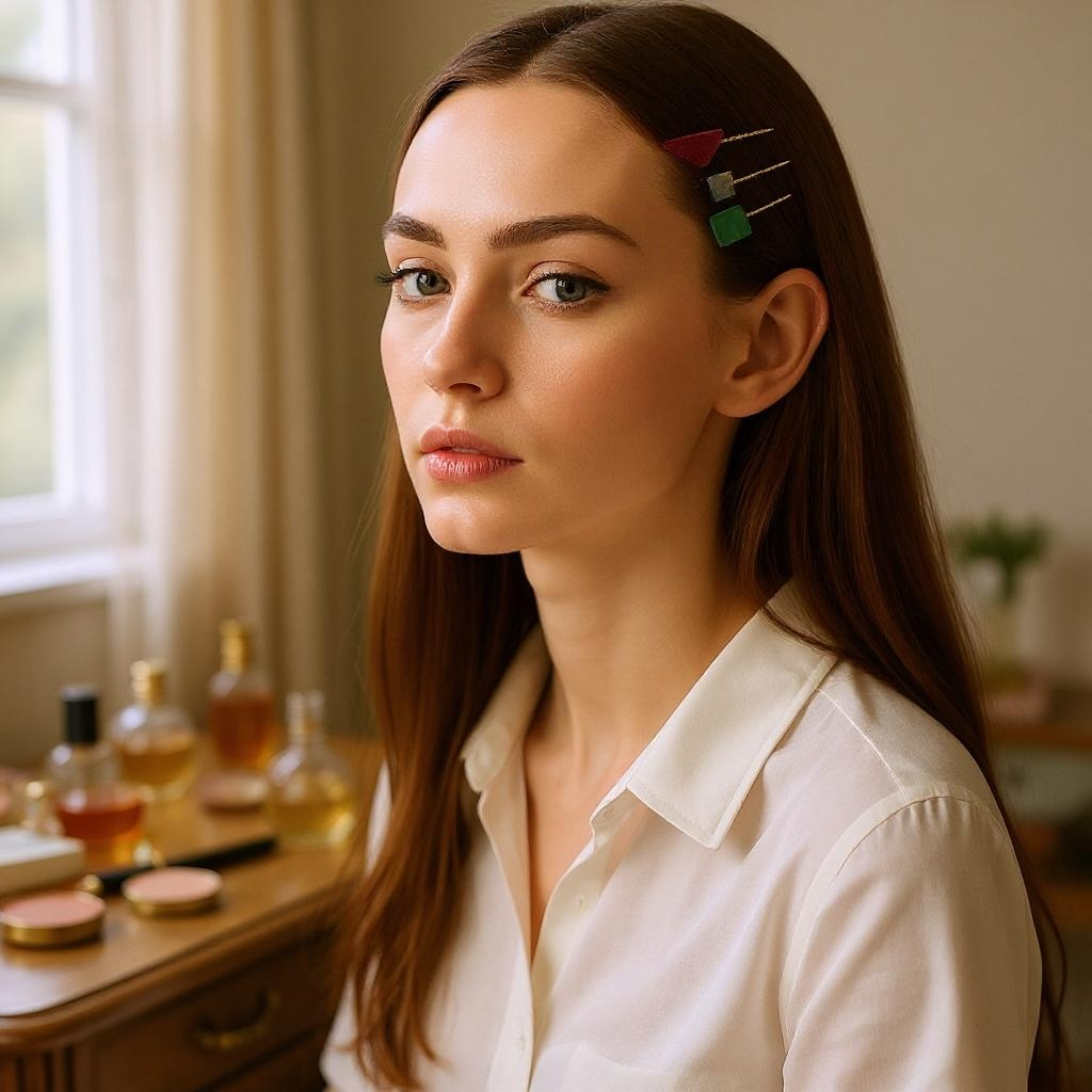 Glass Hair Pin Set, in Glittery Magenta, Faceted mirror & Green