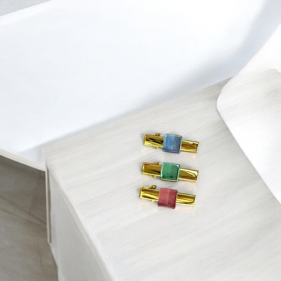 Small Hair Clips with glass square detail, Blue, Green & Dark Pink Trio