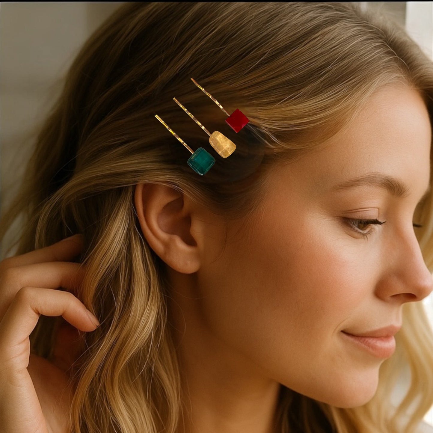 Glass Hair Pin Set, in Dark Green, Soft Yellow & Faceted Red