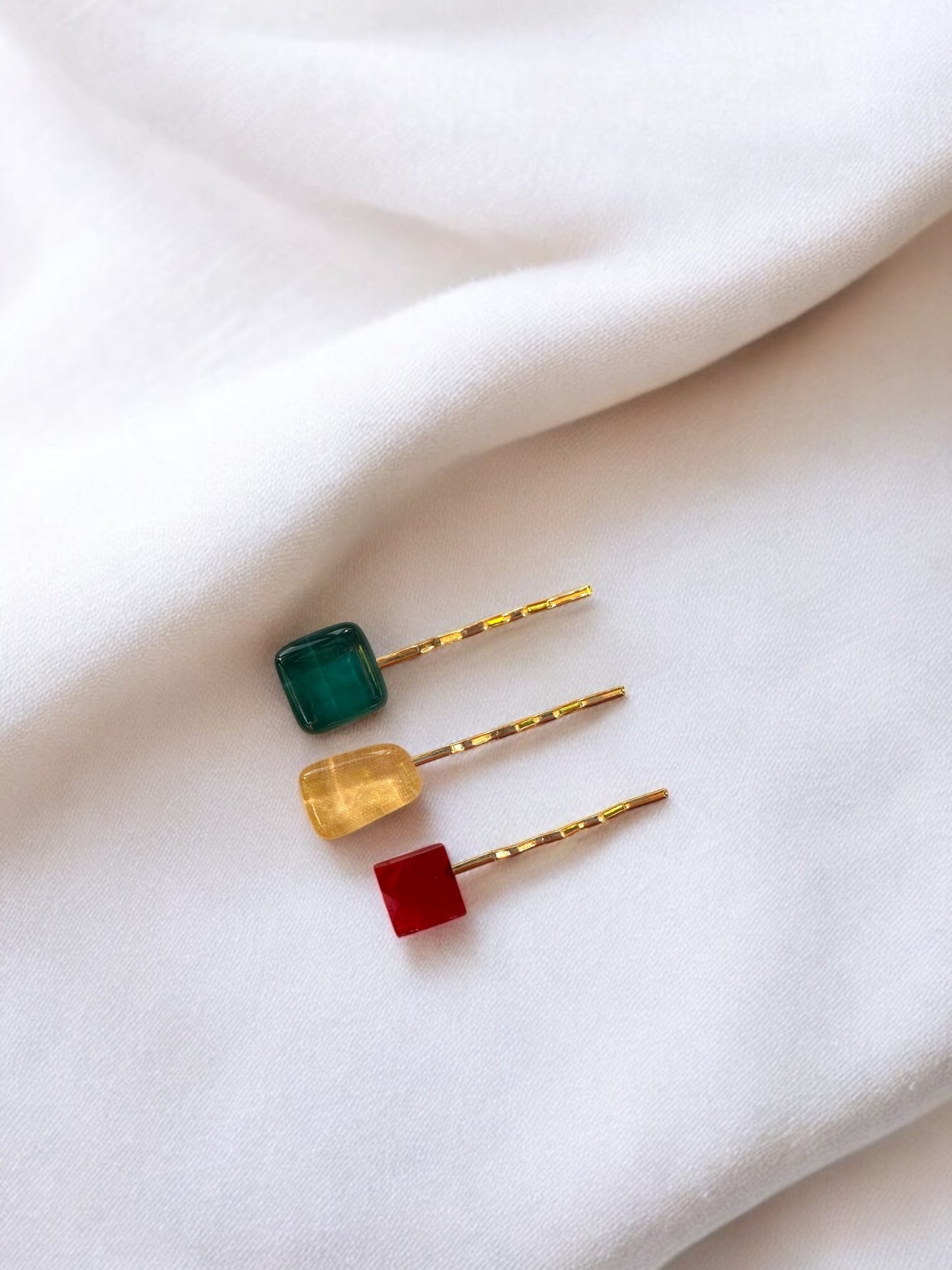 Glass Hair Pin Set, in Dark Green, Soft Yellow & Faceted Red