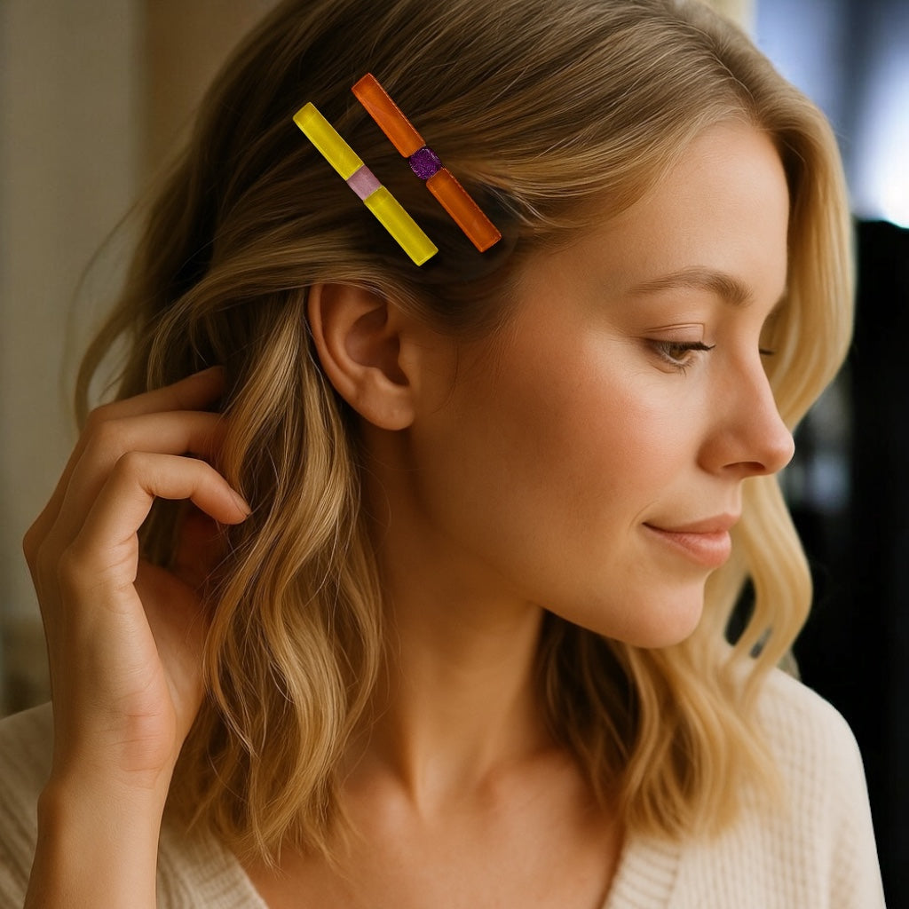 Long Glass Hair Clips, Set of 2 Orange and Yellow