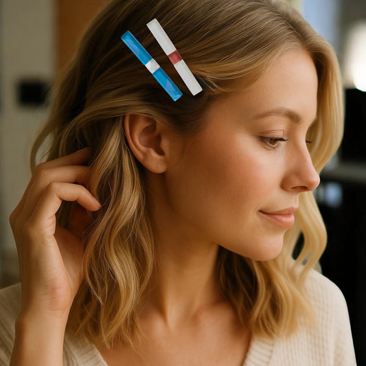 Long Glass Hair Clips, in Blue and White