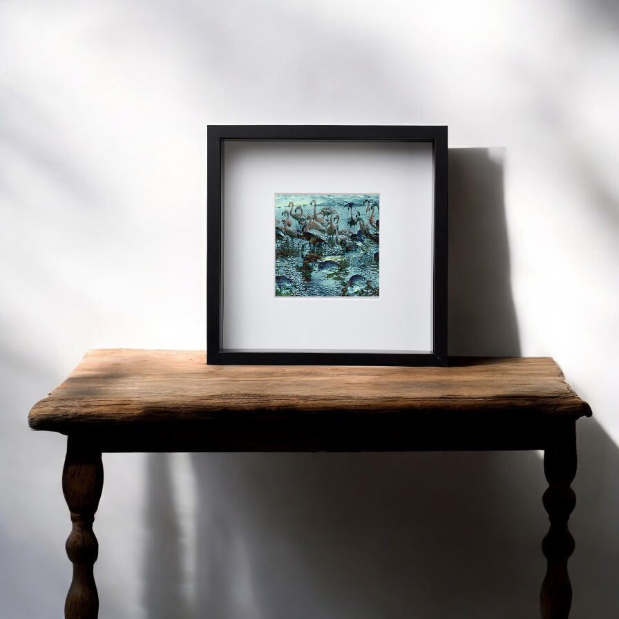 Flamingos in the Moonlight, square framed print
