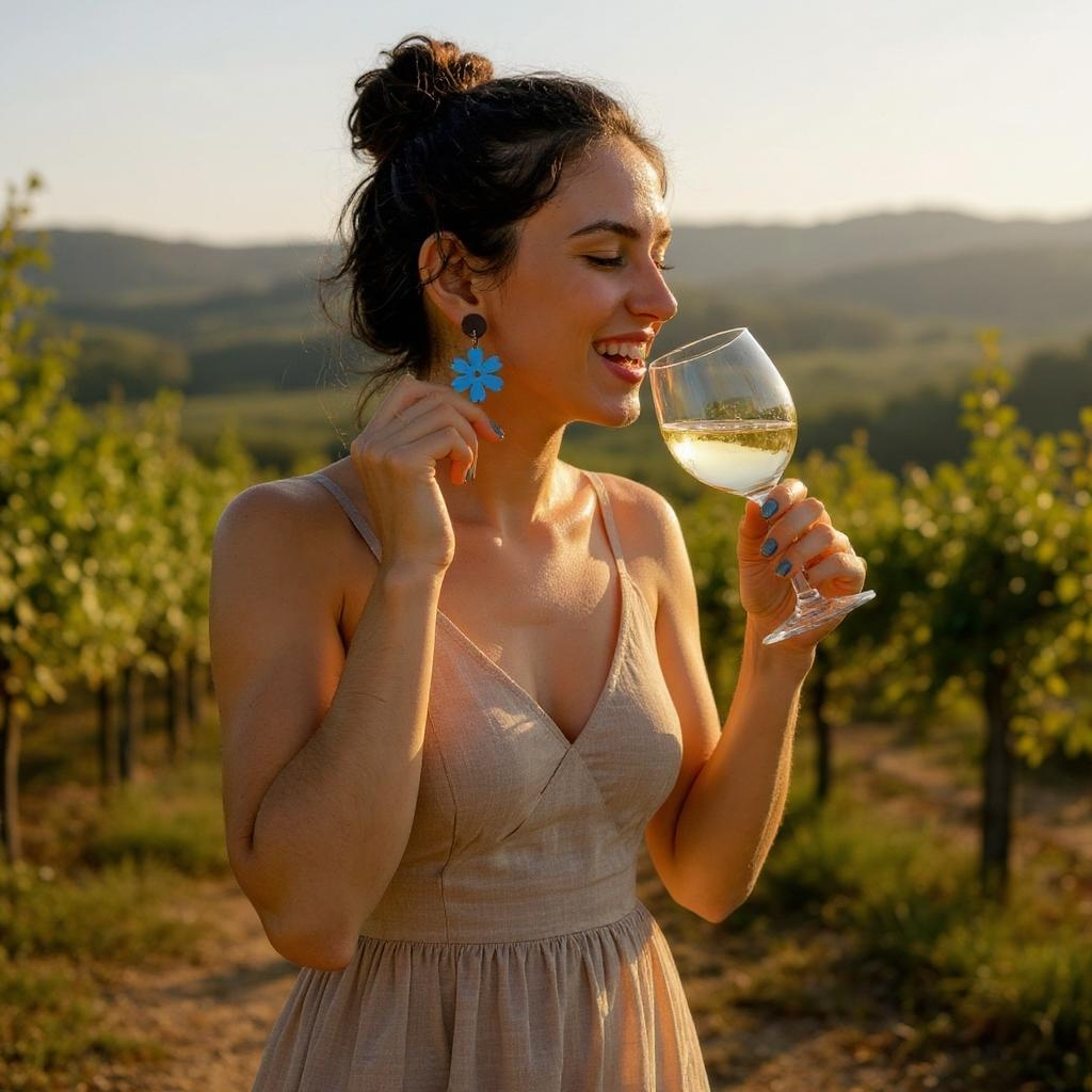 Flower I Wooden Earrings, Block Colour Midtone Blue - Silver Finish