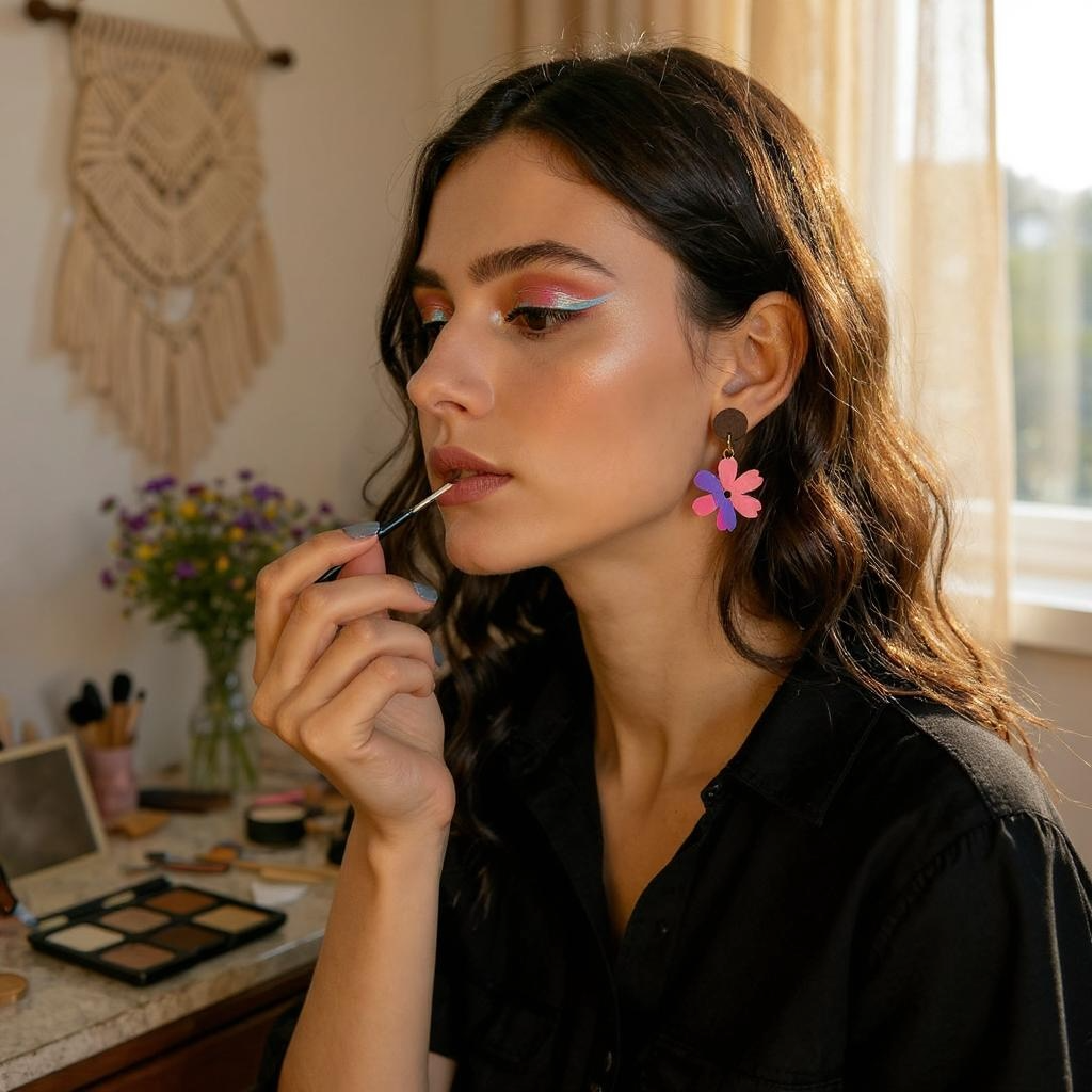 Flower I Wooden Earrings, Striped - Gold Finish