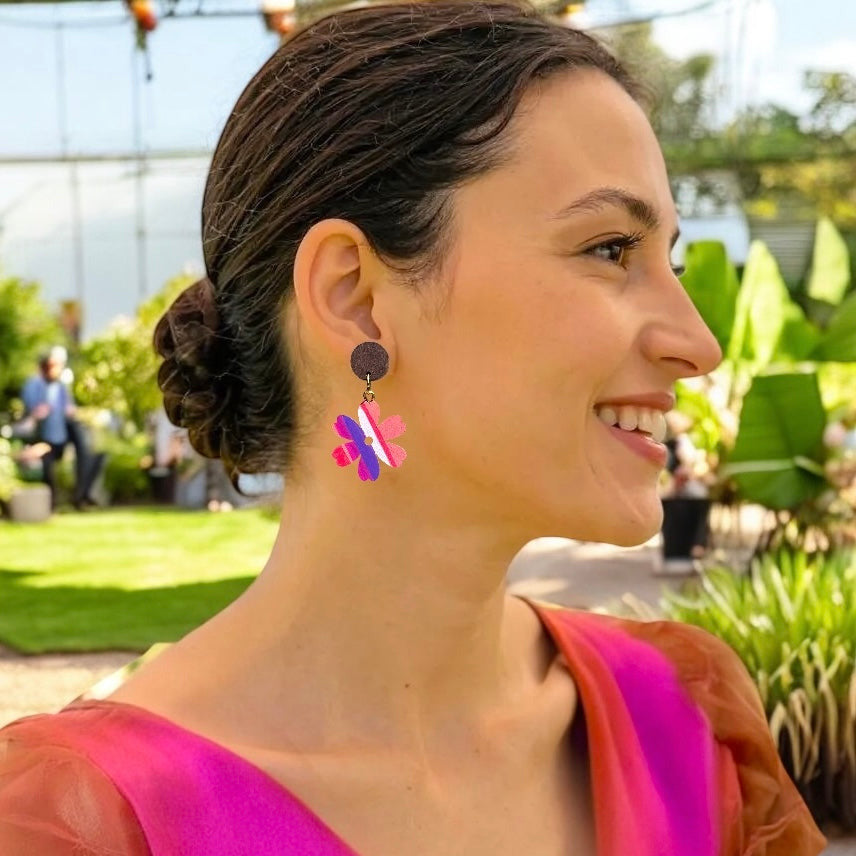 Flower I Wooden Earrings, Striped - Gold Finish