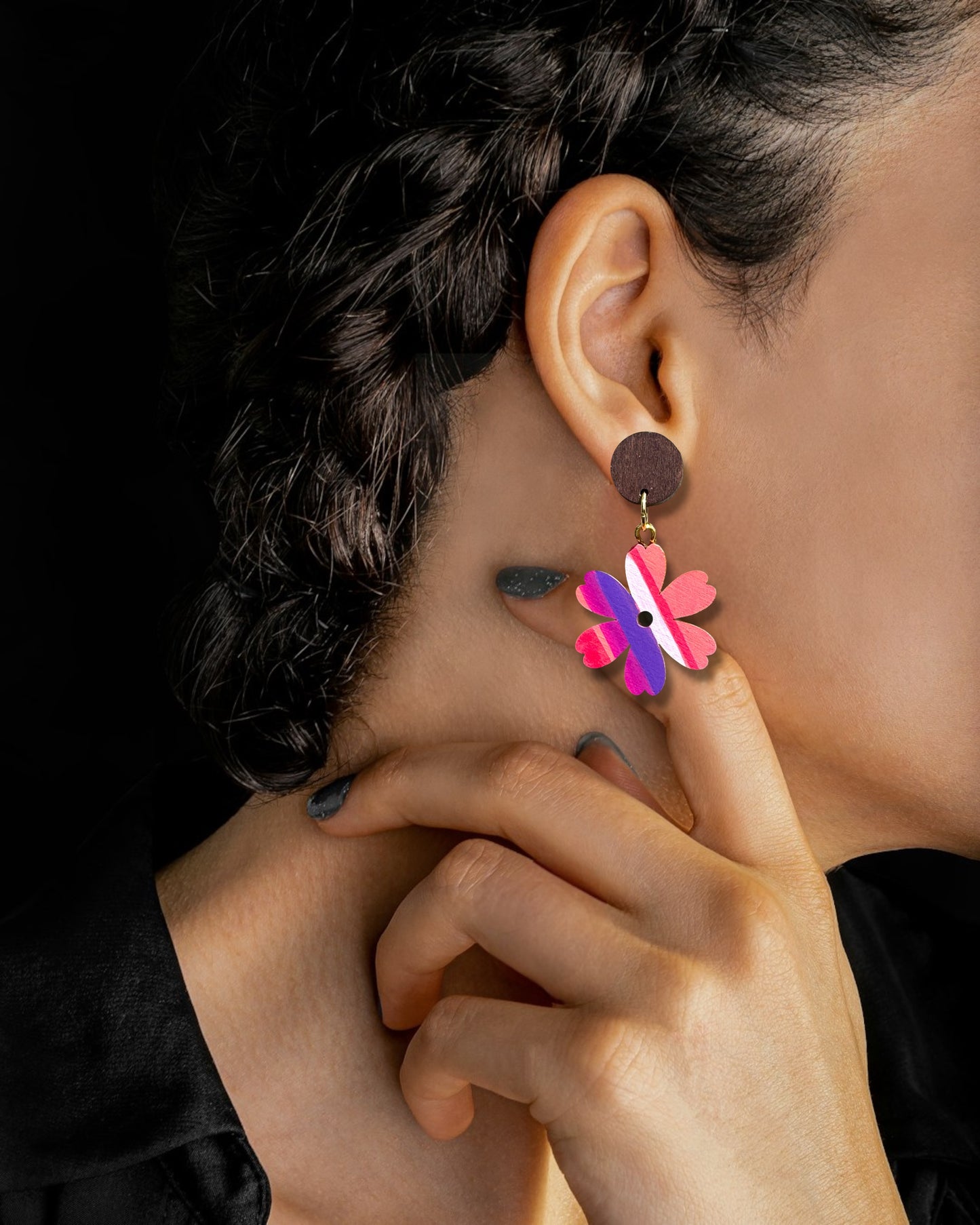 Flower I Wooden Earrings, Striped - Gold Finish