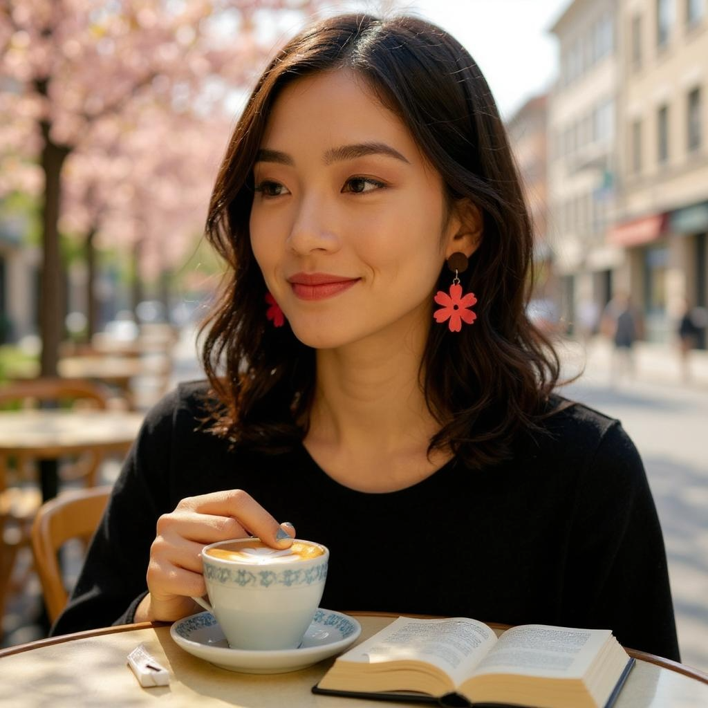 Flower I Wooden Earrings, Block Colour Red Orange - Gold Finish