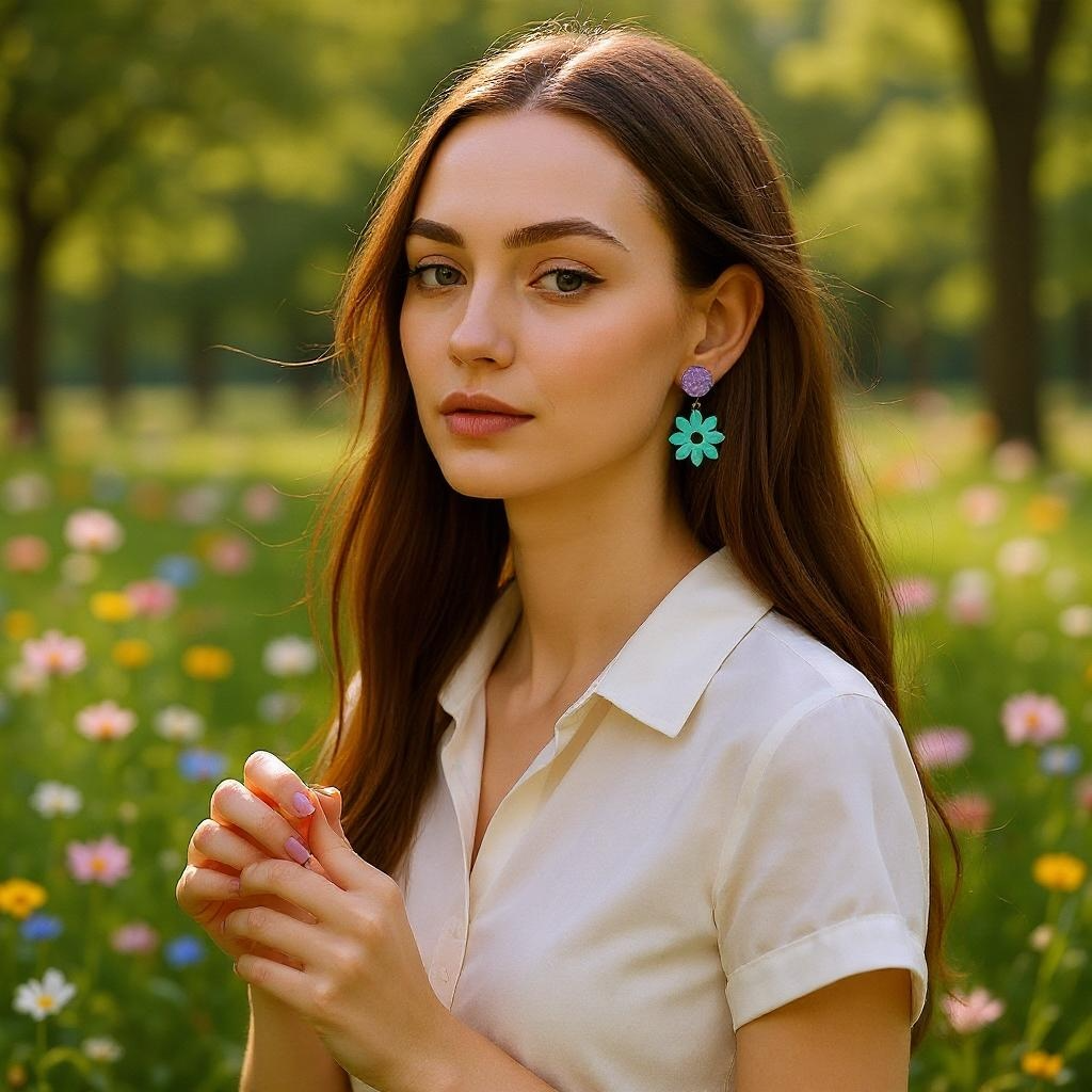 Flower II Wooden Earrings, Block Colour Aqua - Gold Finish