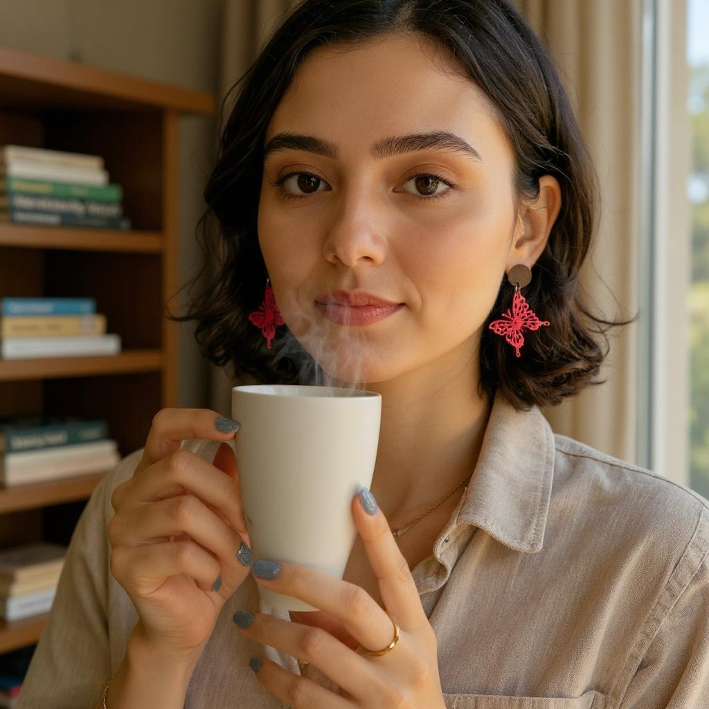 Butterfly II Wooden Earrings, Block Colour Red Orange - Rose Gold Finish