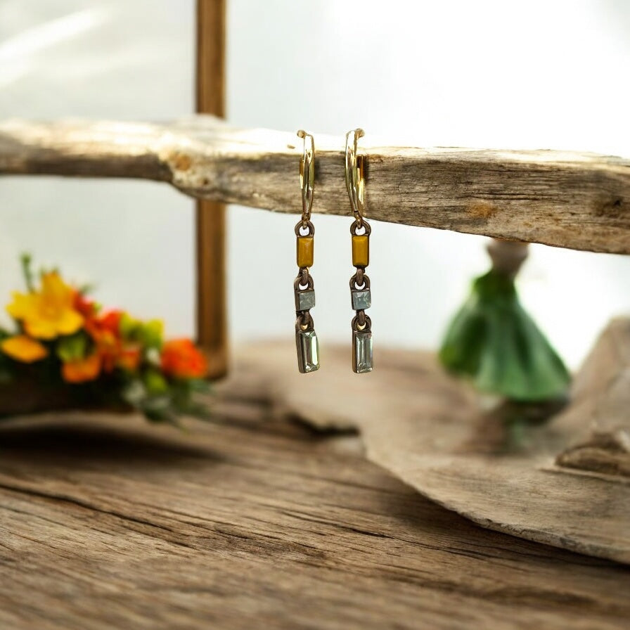Minimal Chain Link Earrings, Yellow & Clear,  Long- Upcycled Ltd Edition