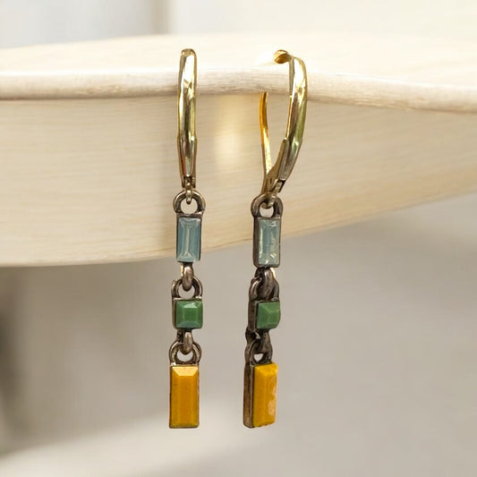Minimal Chain Link Earrings, Clear, Green & Yellow,  Long-Upcycled Ltd Edition